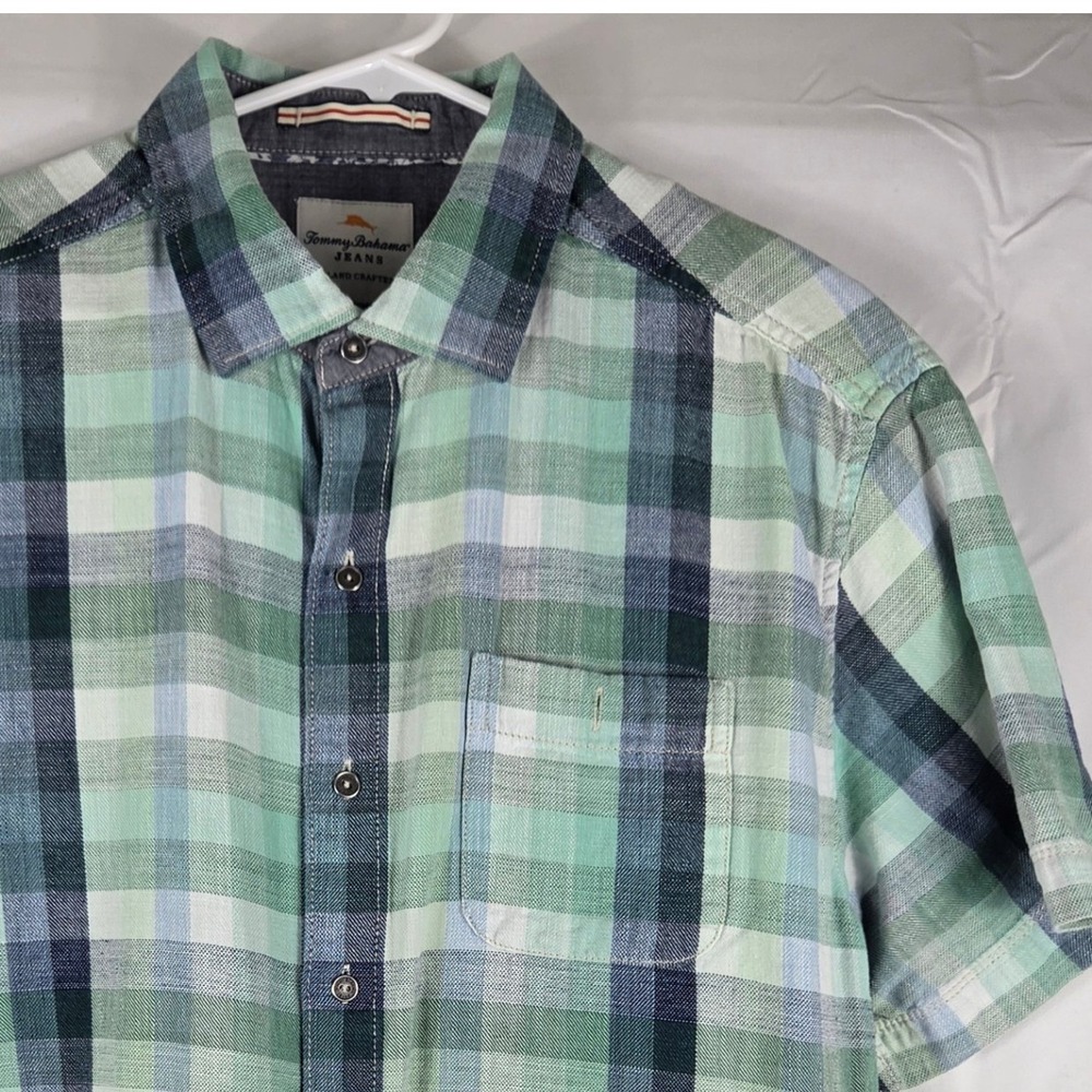 Tommy Bahama Jeans Mens Large Green Blue Plaid Short Sleeve Button Down Shirt